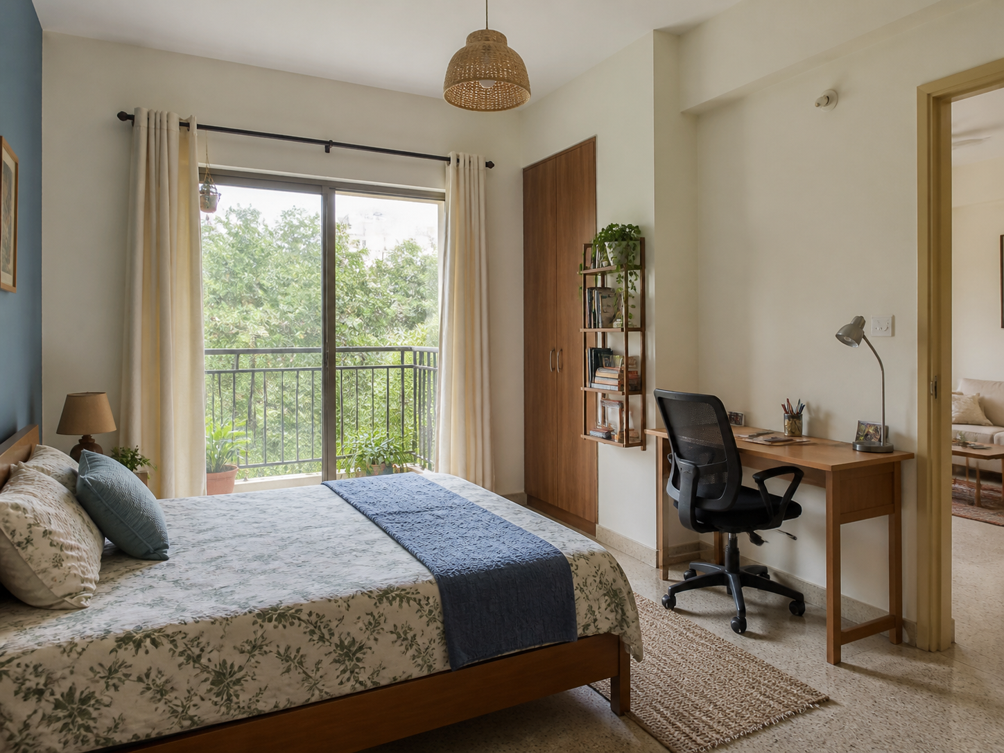 Example Bengaluru apartment bedroom with a work desk and balcony greenery
